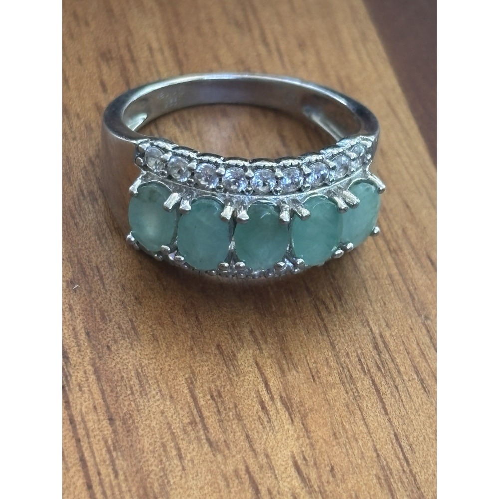 Emerald And White Topaz Ring 925 Sterling Silver Size 9